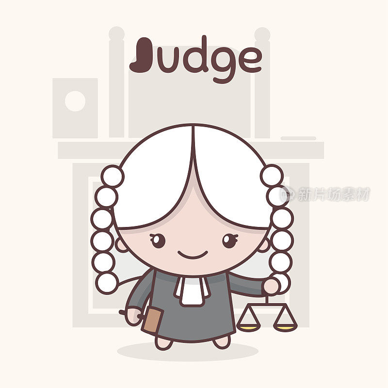 可爱的chibi卡哇伊角色。字母的职业。字母J -法官。